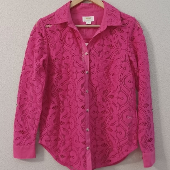 🆕 Sz 2 💗 Anthropologie Maeve—Floral Lace Button front top pink—rolled sleeves - Picture 2 of 7